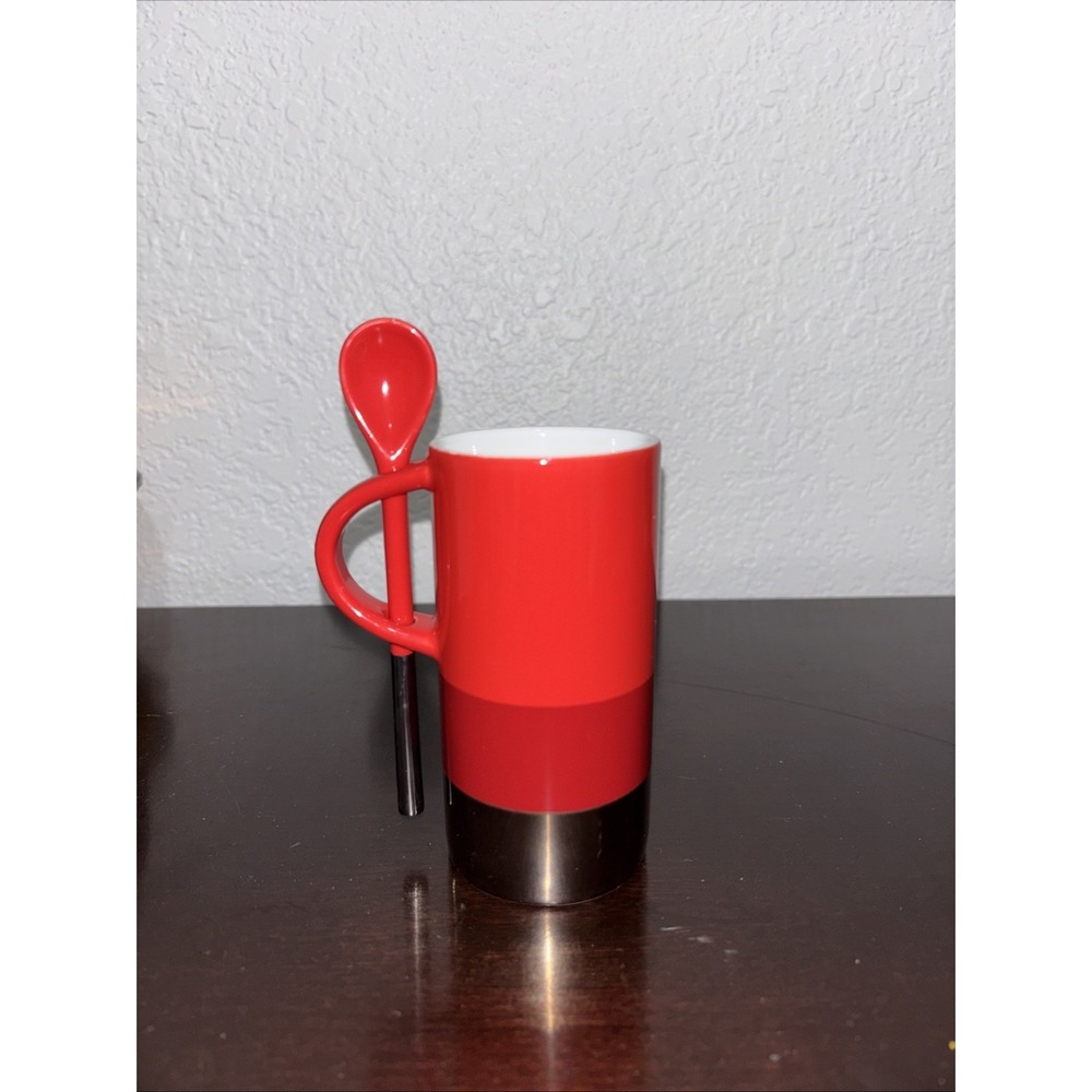 Starbucks 2014 Espresso Coffee Mug with Spoon Red Silver 8 oz